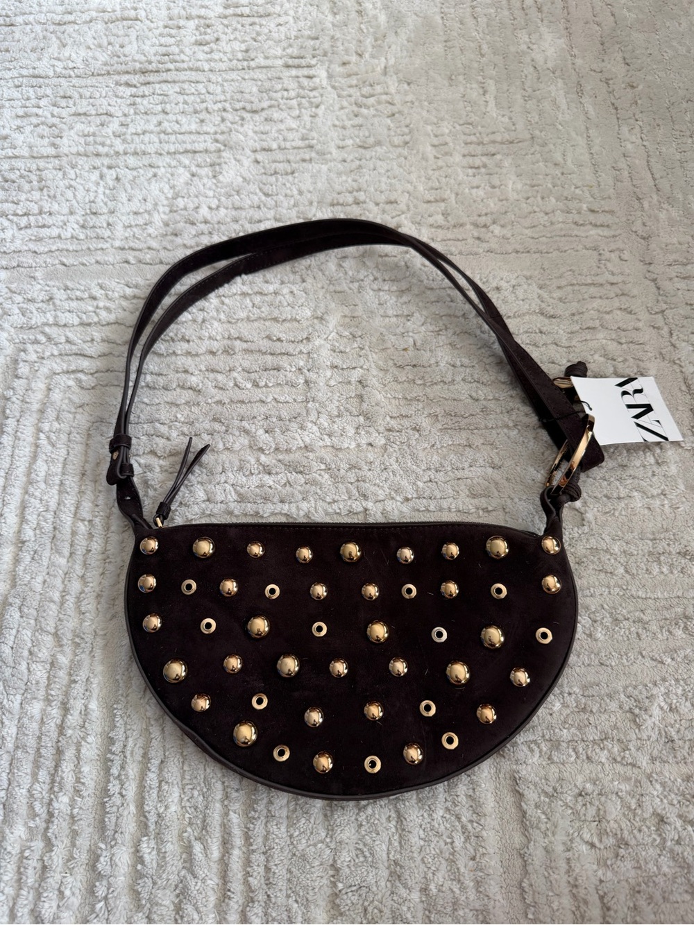 ZARA Dark Brown Studded Suede Shoulder Bag Gold Hardware Y2K Boho NWT